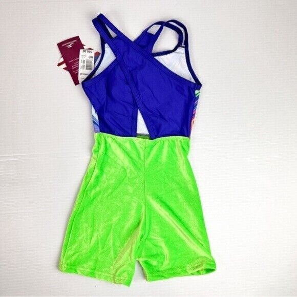 Motionwear Girls Crisscross Back Lime Velvet Gymnastics Biketard Size 8-10 NWT - Picture 2 of 7